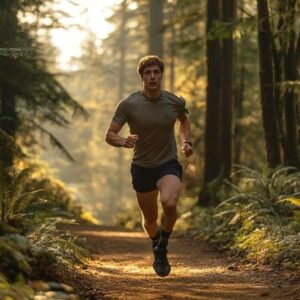 Löpare joggar på en solbelyst skogsstig bland höga träd