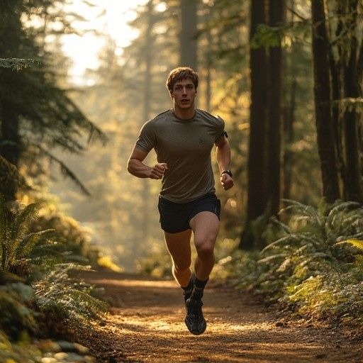 Löpare joggar på en solbelyst skogsstig bland höga träd